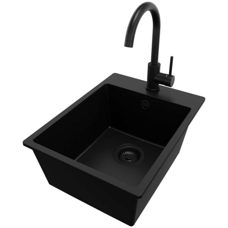 Zlewozmywak Granitowy Ryga PRIMAGRAN Nablatowy 38x50cm do Szafki od 40cm, Cały Czarny + Bateria 32x20cm + Syfon, S046, 1 szt.