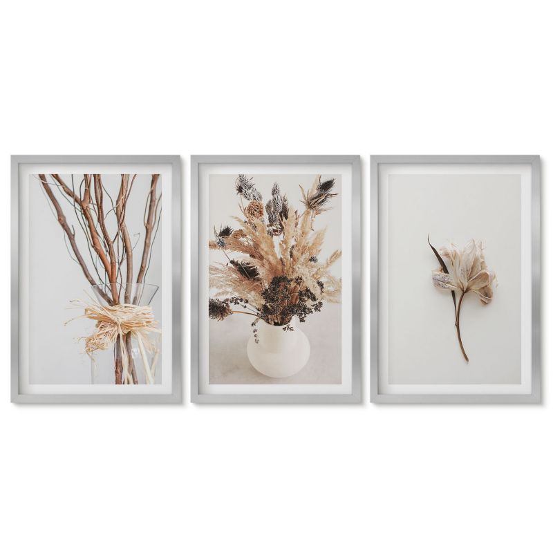 Zestaw 3 obrazów w srebrnych ramach Tulup 40x60 cm Kwiaty gałęzie minimalistycznie Tryptyk 1 kpl