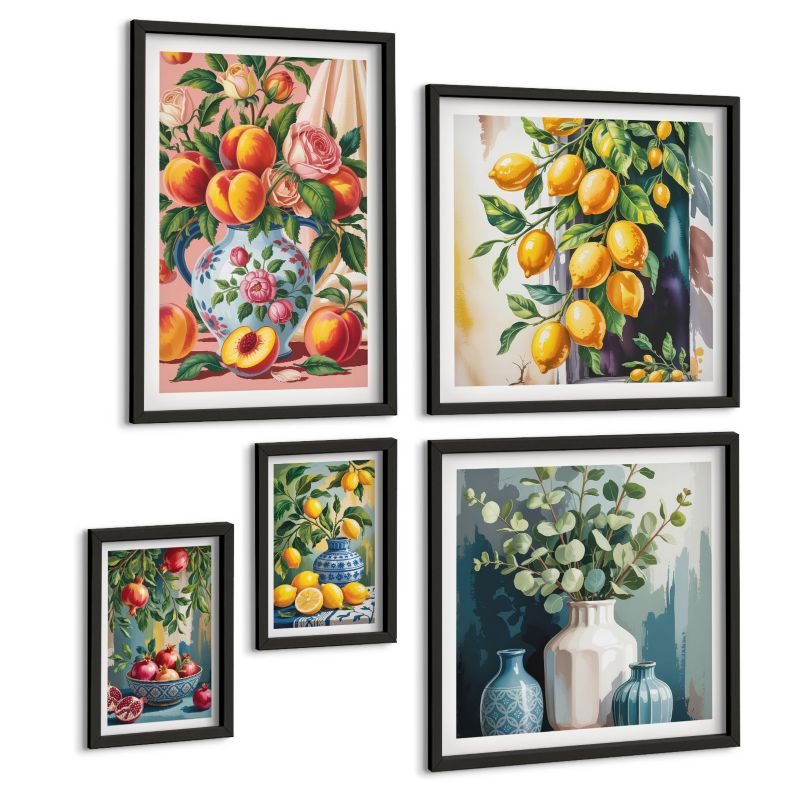 Zestaw Obrazów 5 Częściowy ArtPrintCave (2x50x50+2x20x30+40x60cm) Czarna rama Cytryny pomarańcze Amalfi 1 kpl.