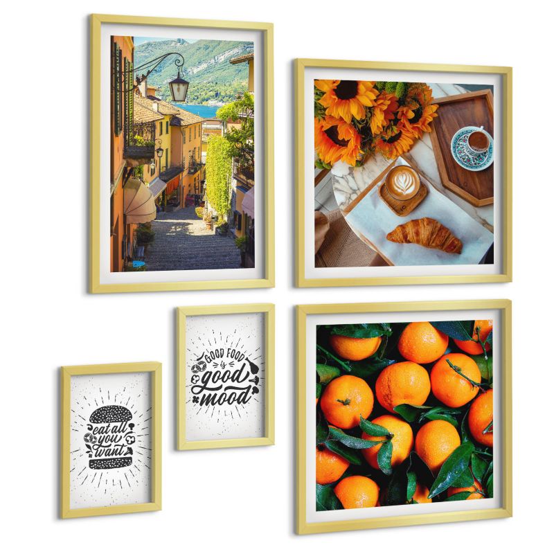 Zestaw 5 Obrazów ArtPrintCave (2x50x50+2x20x30+40x60cm) Złota rama Kuchnia soczyste pomarańcze 1 kpl.