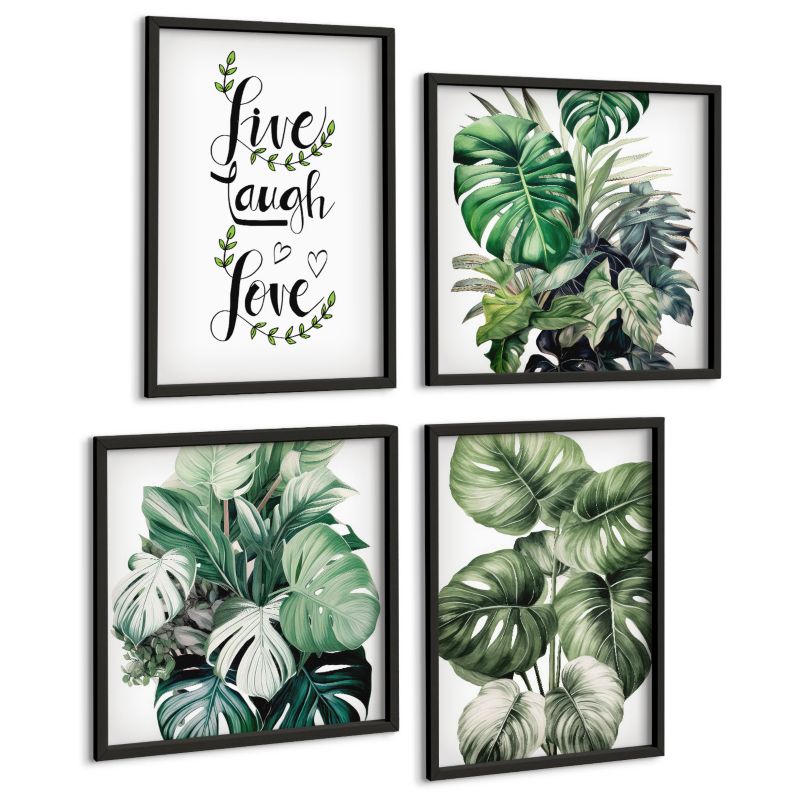 Komplet 4 Obrazów ArtPrintCave (2x50x50+2x40x60cm) Czarna rama Rośliny liściaste żyj śmiej się kochaj 1 kpl.