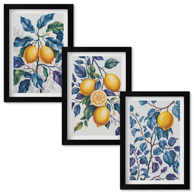 Zestaw Obrazów w Ramie Wallfluent Cytryny gałęzie błękitne liście Czarna rama 20x30cm 3 szt.