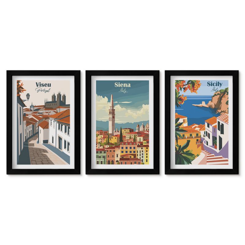 Obrazy w czarnej ramie Tulup 20x30 cm Retro ilustracje miast świata Obrazy w czarnej ramie 1 kpl