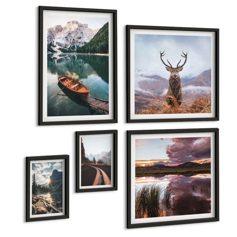 Galeria 5 Obrazów ArtPrintCave (2x50x50+2x20x30+40x60cm) Czarna rama Górskie jezioro łódź zachód słońca jeleń 1 kpl.