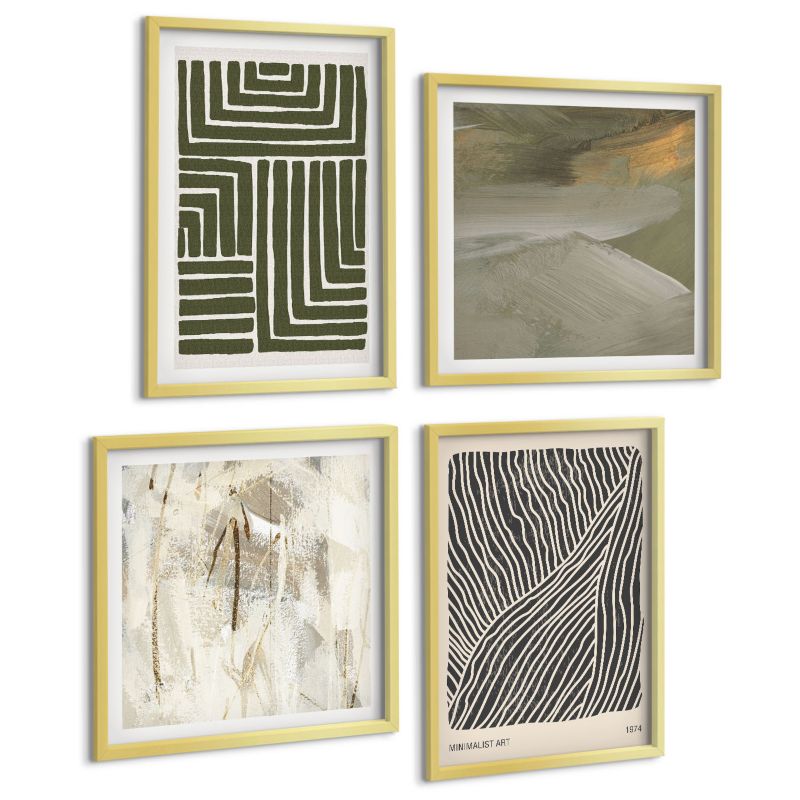 Zestaw Obrazów 4 Częściowy ArtPrintCave (2x50x50+2x40x60cm) Złota rama Wzory kształtów w zieleni 1 kpl.