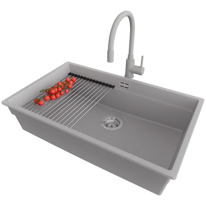 Zlewozmywak Granitowy Praga Level Slim PRIMAGRAN Nablatowy 76x47cm, Szary + Bateria + Syfon + Akcesorium, S545, 1 szt.