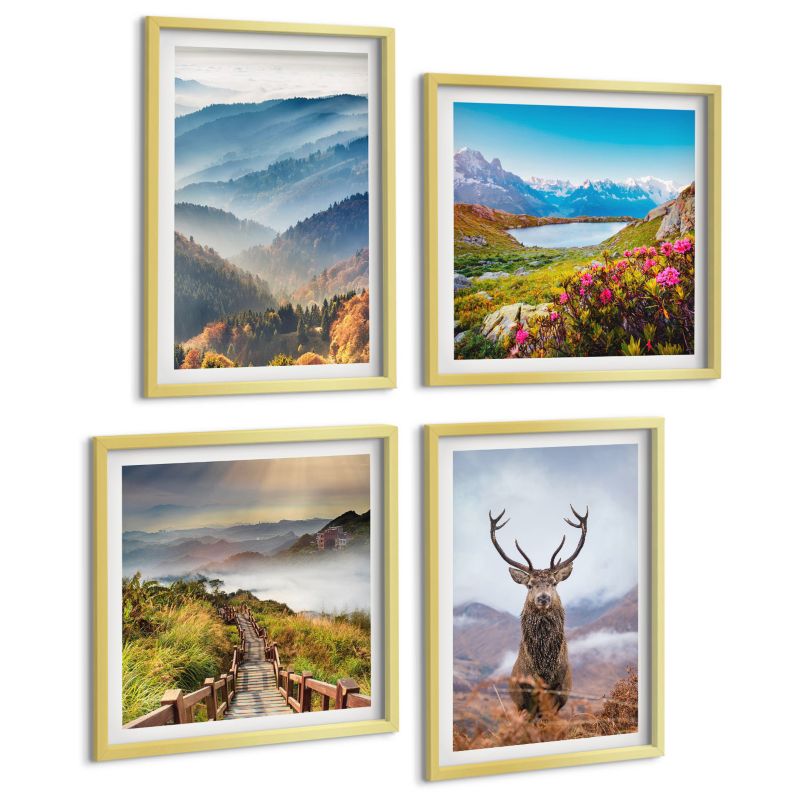 Zestaw 4 Obrazów ArtPrintCave (2x50x50+2x40x60cm) Złota rama Górski krajobraz jezioro jeleń 1 kpl.