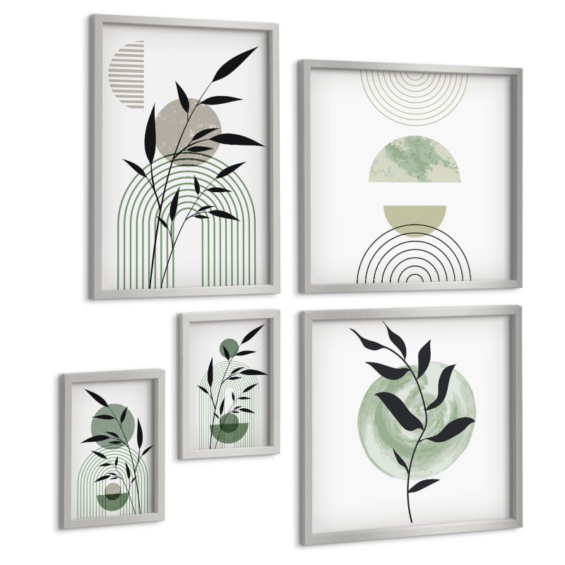 Zestaw Obrazów 5 Częściowy ArtPrintCave (2x50x50+2x20x30+40x60cm) Srebrna rama Roślinne kompozycje boho 1 kpl.