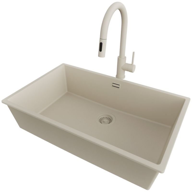 Zlewozmywak Granitowy Londyn Slim PRIMAGRAN Nablatowy 76x47cm do Szafki od 80cm, Cały Beżowy + Bateria + Syfon, S502, 1 szt.