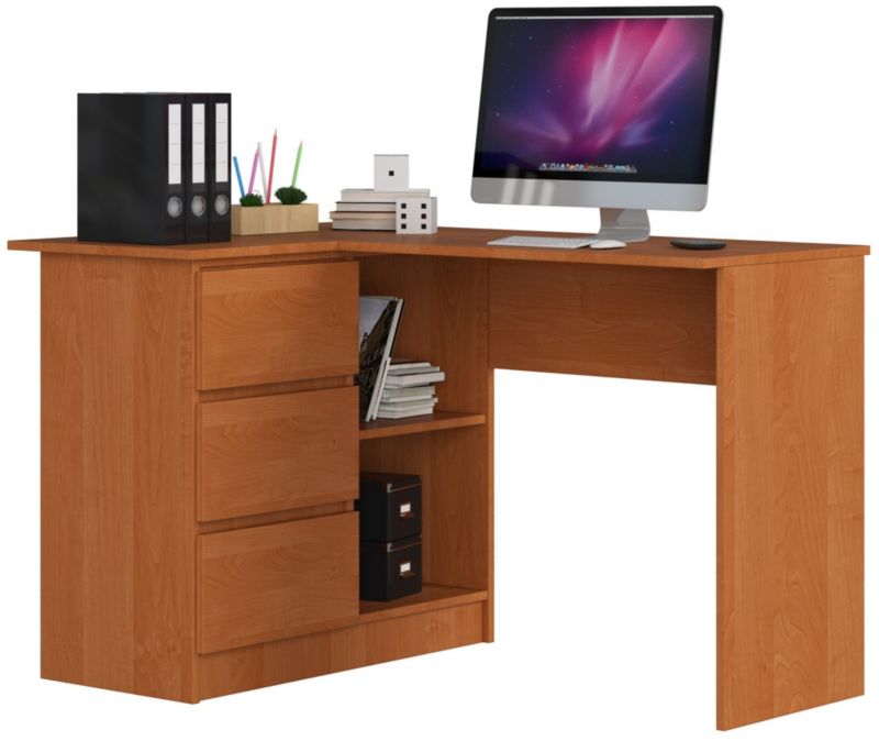 Biurko narożne Akord B16 Olcha 124 cm lewe 3 szuflady kolor Olcha mat 2 półki 124x85x77 cm 1 szt.