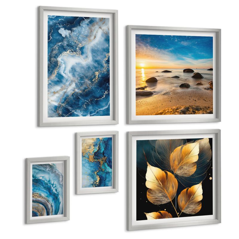 Pięcioczęściowy Zestaw Obrazów ArtPrintCave (2x50x50+2x20x30+40x60cm) Srebrna rama Portret kobiety oko kolory emocje 1 kpl.