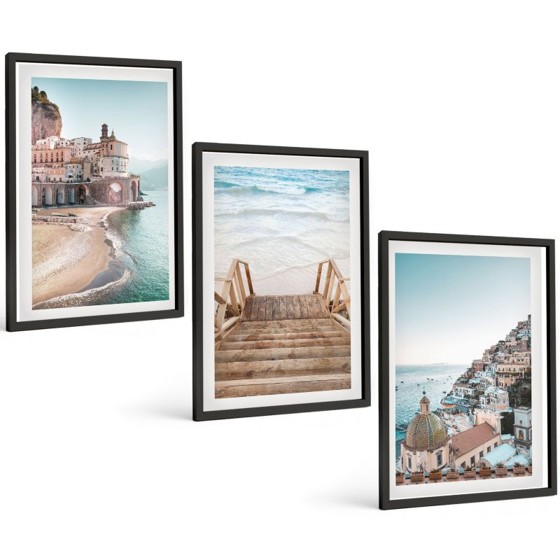 Zestaw Obrazów 3 Częściowy ArtPrintCave Czarne Ramki 40x60 cm Dekoracja do Sypialni Letnie pastelowe widoki plaża 1 kpl.