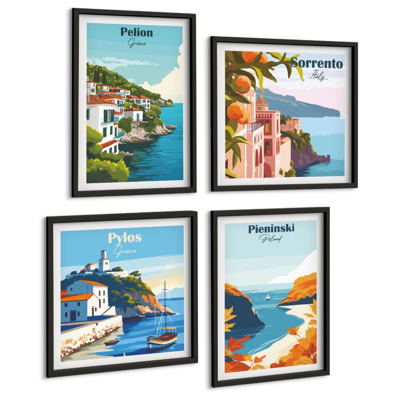 Zestaw 4 Obrazów ArtPrintCave (2x50x50+2x40x60cm) Czarna rama Krajobrazy retro w malowniczym stylu 1 kpl.