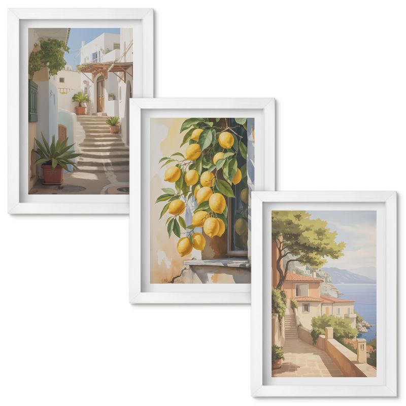 Obrazy Do Sypialni Wallfluent Uliczki cytryny widok morza Biała rama 20x30cm 3 szt.