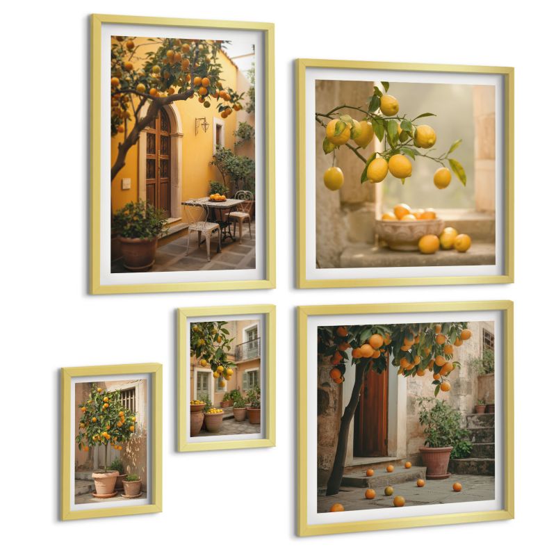Galeria 5 Obrazów ArtPrintCave (2x50x50+2x20x30+40x60cm) Złota rama Patio z drzewami cytrusowymi 1 kpl.