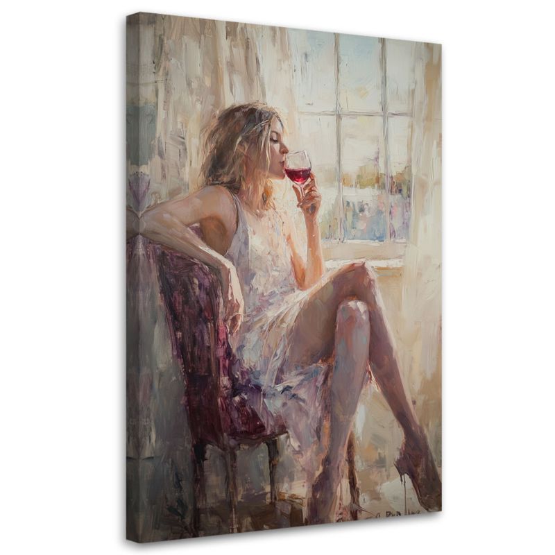 Obraz na płótnie Feeby Zamyślona Kobieta z kieliszkiem wina 70x100cm 1szt