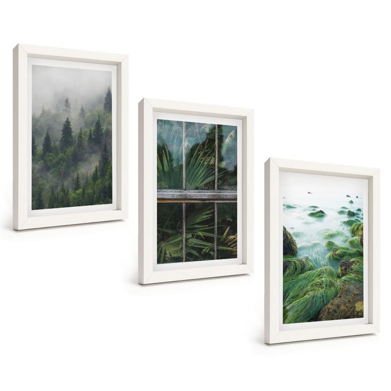 Zestaw 3 Obrazów w Białej Ramie ArtPrintCave 20x30 cm Galeria Ścienna Las mgła brzeg rzeki szklarnia 1 kpl.