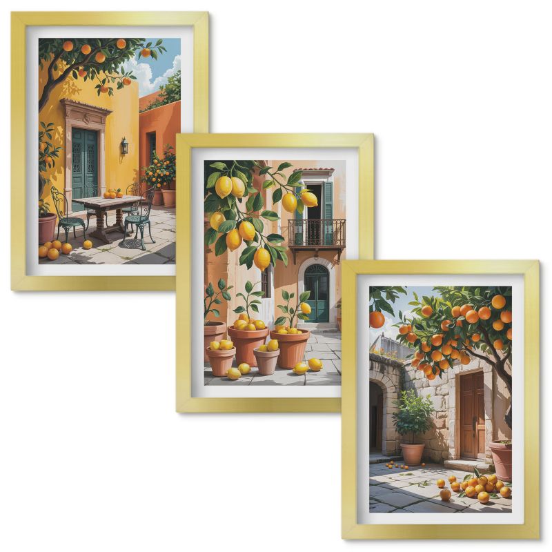 Obrazy Do Sypialni Wallfluent Owoce cytrusowe w ogrodzie Złota rama 20x30cm 3 szt.