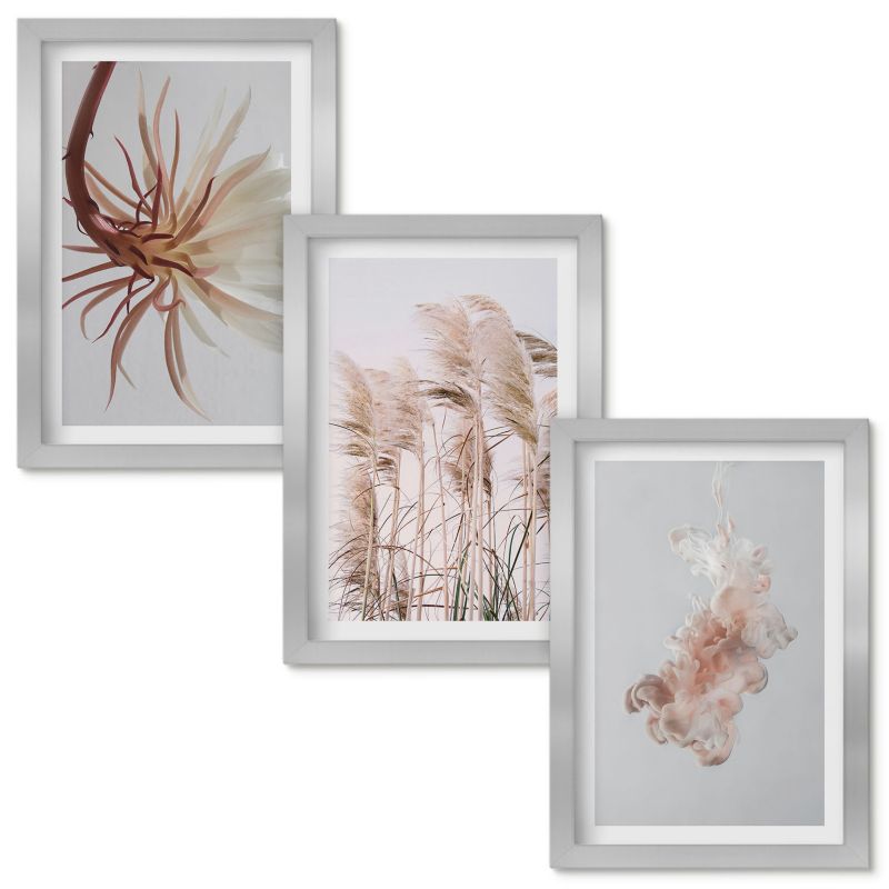 Set Obrazów w Ramie Wallfluent Kwiaty trawy jasne tło zestaw Srebrna rama 20x30cm 3 szt.