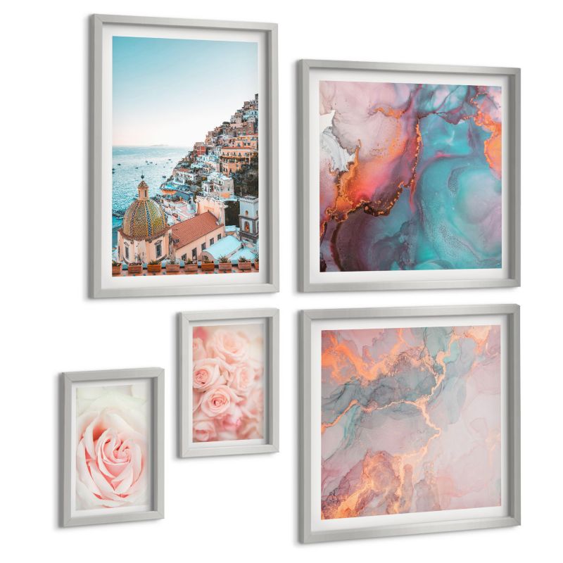 Pięcioczęściowy Zestaw Obrazów ArtPrintCave (2x50x50+2x20x30+40x60cm) Srebrna rama Abstrakcyjne pastelowe wzory 1 kpl.
