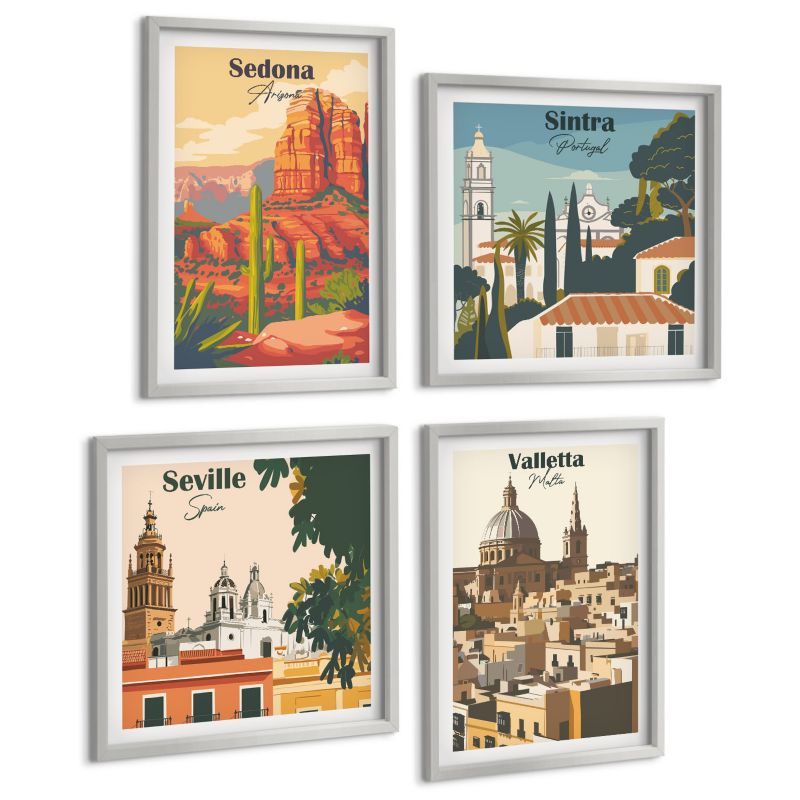 Komplet 4 Obrazów ArtPrintCave (2x50x50+2x40x60cm) Srebrna rama Widoki miast retro Sedona Sintra 1 kpl.