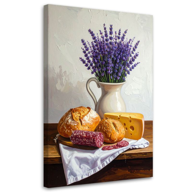 Obraz do kuchni jadalni restauracji Feeby Martwa natura lawenda bułki 70x100cm 1szt