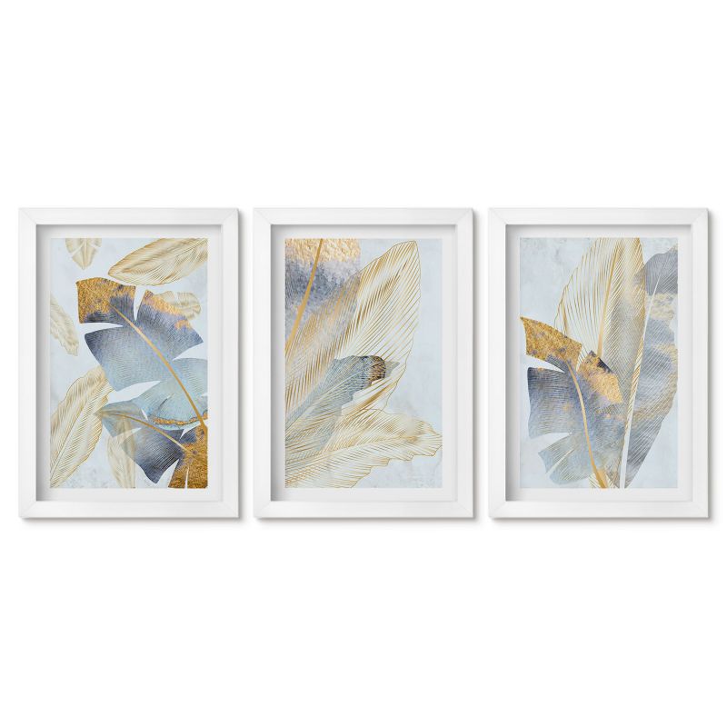 Zestaw 3 obrazów w białej ramie Tulup 20x30 cm Liście niebiesko-beżowe jasno Galeria ścienna 1 kpl