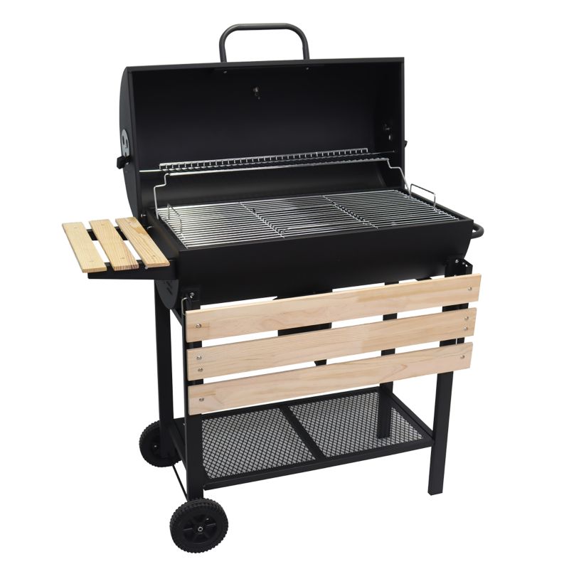 Grill węglowy Heckermann baryłkowy na wózku 2 ruszty chromowane termometr popielnik 2 półki 108 x 65 cm 1szt