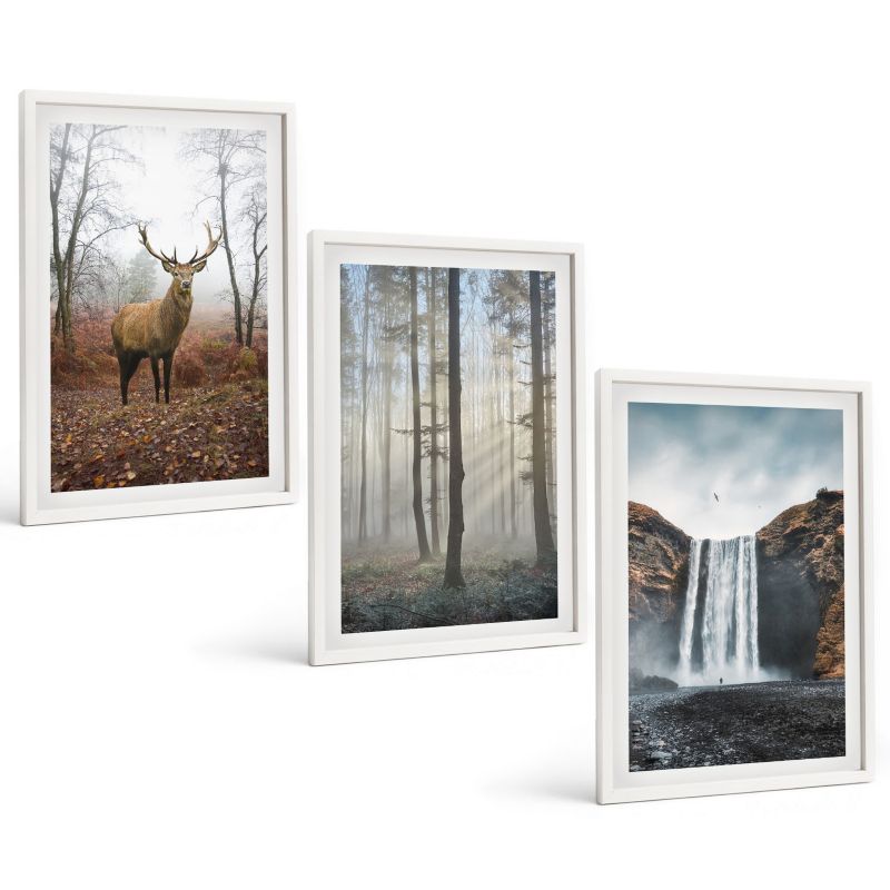 Zestaw Obrazów 3 Częściowy ArtPrintCave Białe Ramki 40x60 cm Dekoracja do Sypialni Leśne krajobrazy dzika natura 1 kpl.