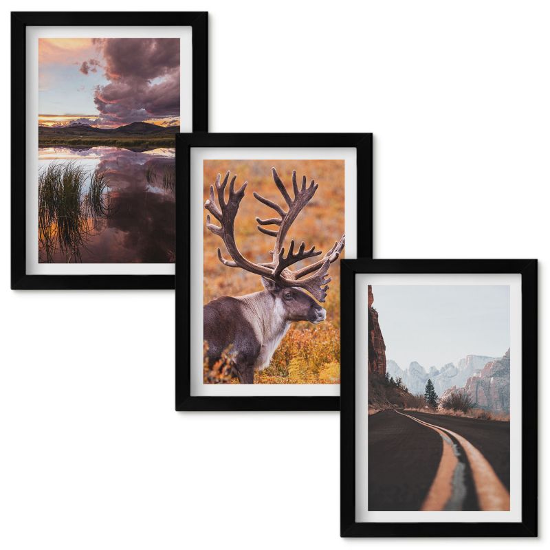 Obrazy do Salonu Wallfluent Górskie pejzaże z reniferem Czarna rama 20x30cm 3 szt.