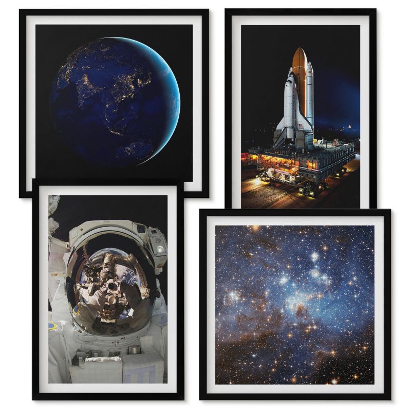 Tetraptyk Na Ścianę Wallfluent Kosmos Ziemia astronauta rakieta Czarna rama 4 szt.