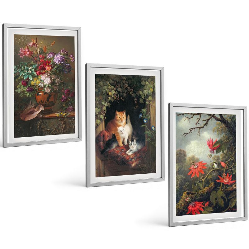 Trzyczęściowy Zestaw Obrazów ArtPrintCave 40x60 cm Srebrna rama Vintage kwiaty koty natura 1 kpl.
