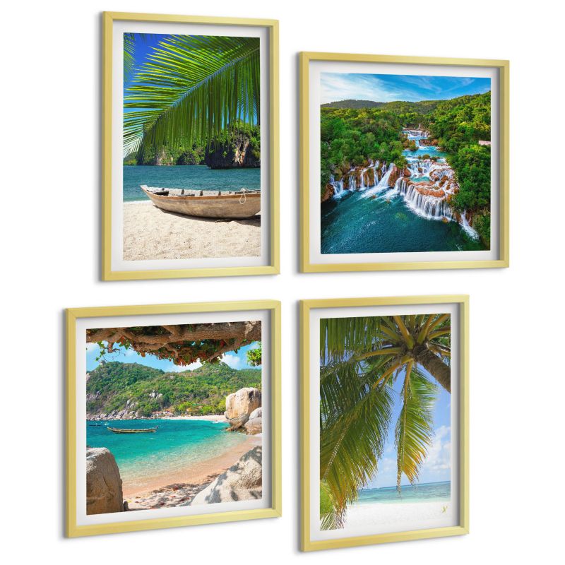 Komplet 4 Obrazów ArtPrintCave (2x50x50+2x40x60cm) Złota rama Plaża łódź wodospady palmy 1 kpl.