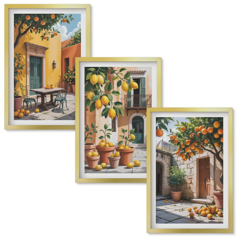 Obrazy Do Sypialni Wallfluent Owoce cytrusowe w ogrodzie Złota rama 40x60 cm 3 szt.