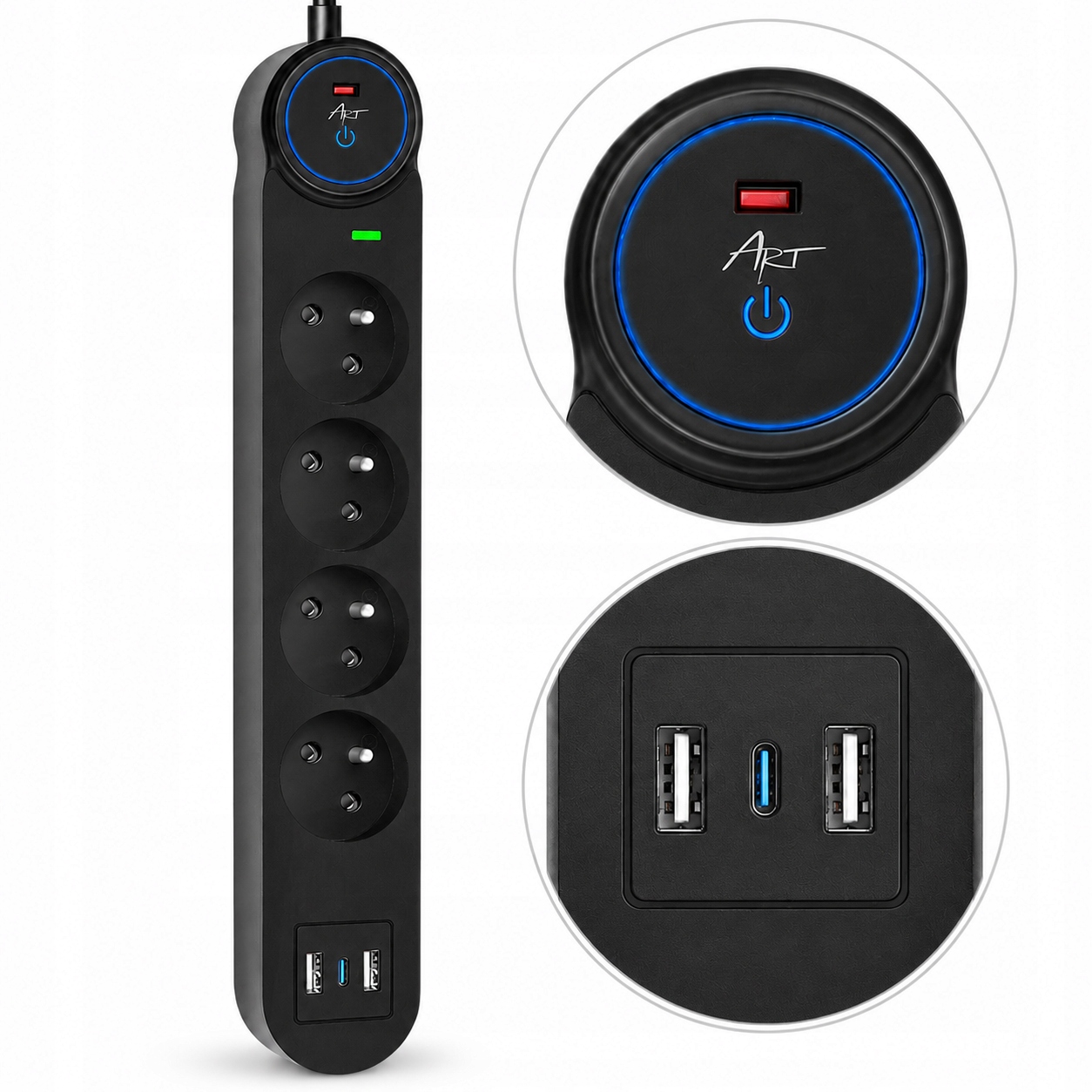 ART Listwa zasilająca 1,5m FU810 4 gniazda 2xUSB +C - Henryx24