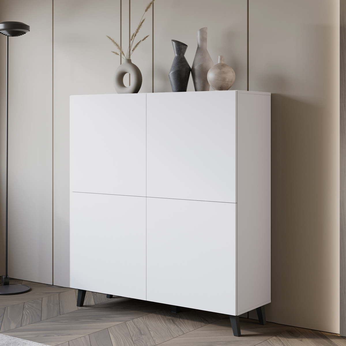 Biała komoda 120 cm na nóżkach do salonu PUNES