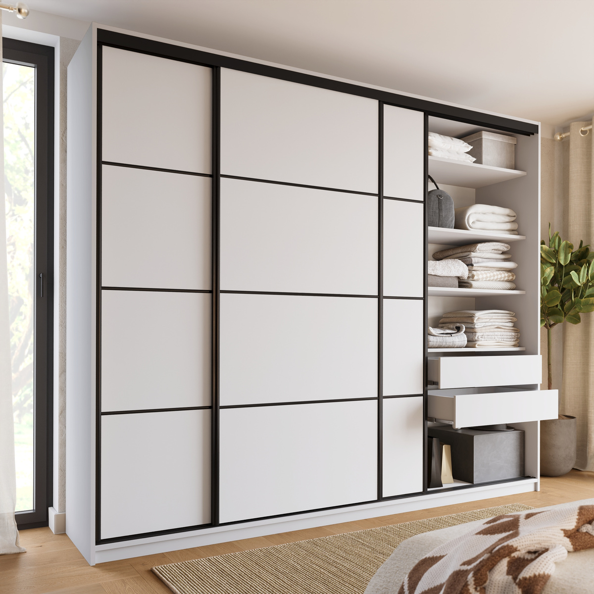 Biała szafa przesuwna 250 cm LOFT MAX z półkami i szufladami