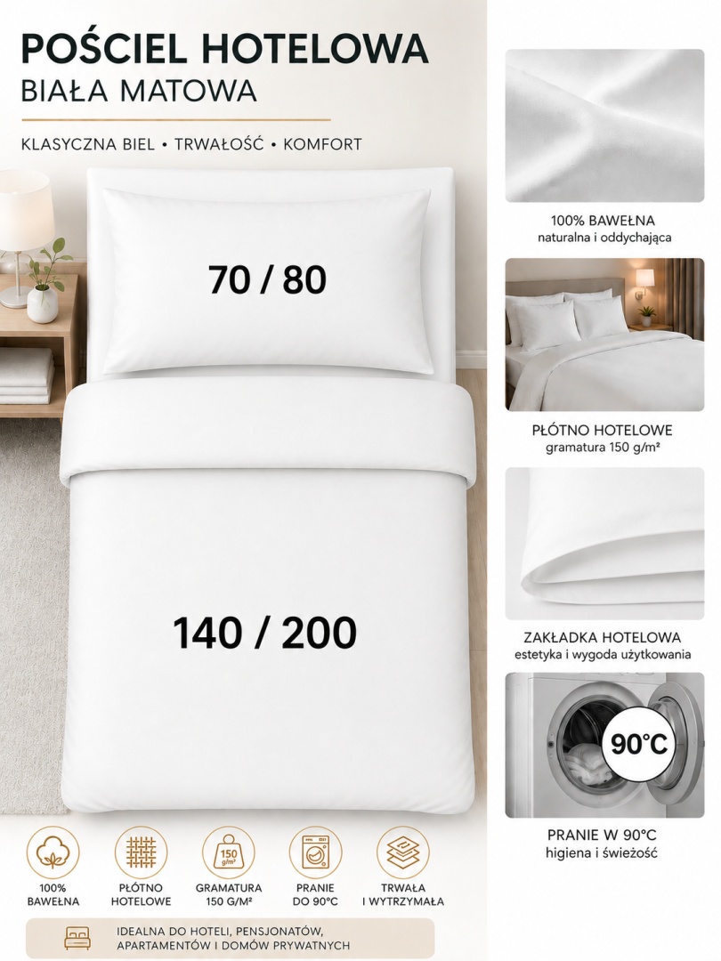 Pościel hotelowa PŁÓTNO 140x200 + 70x80 | Zakładka hotelowa | 100% bawełna