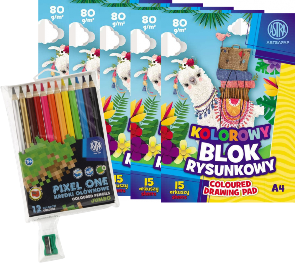 Zestaw: 5x Blok rysunkowy Astrapap, A4, 15 kartek, kolorowy + Kredki ołówkowe Astrakids Pixel One Jumbo okrągłe, 12 kolorów, temperówka