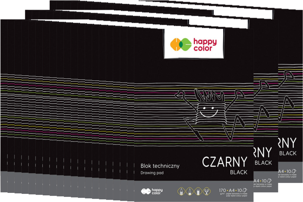 60x Blok techniczny Happy Color, A4, 10 kartek, czarny