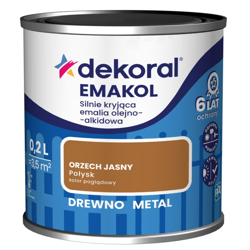 Emalia do drewna i metalu Emakol Orzech jasny połysk 0,2L Dekoral