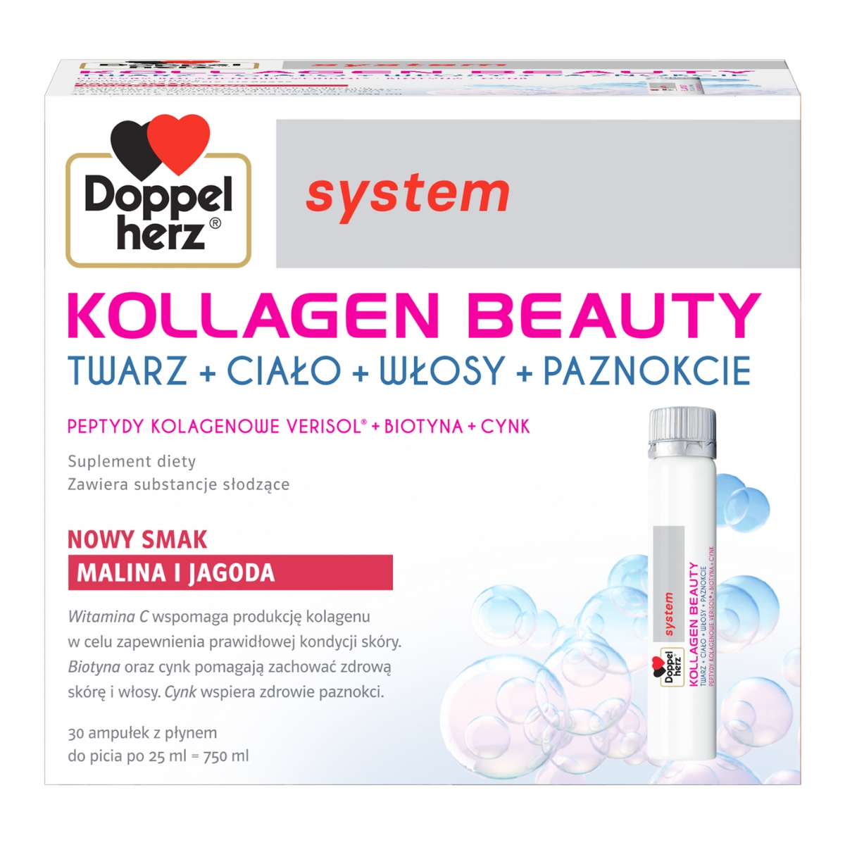 Doppelherz system kollagen beauty, smak malina i jagoda, 30 ampułek