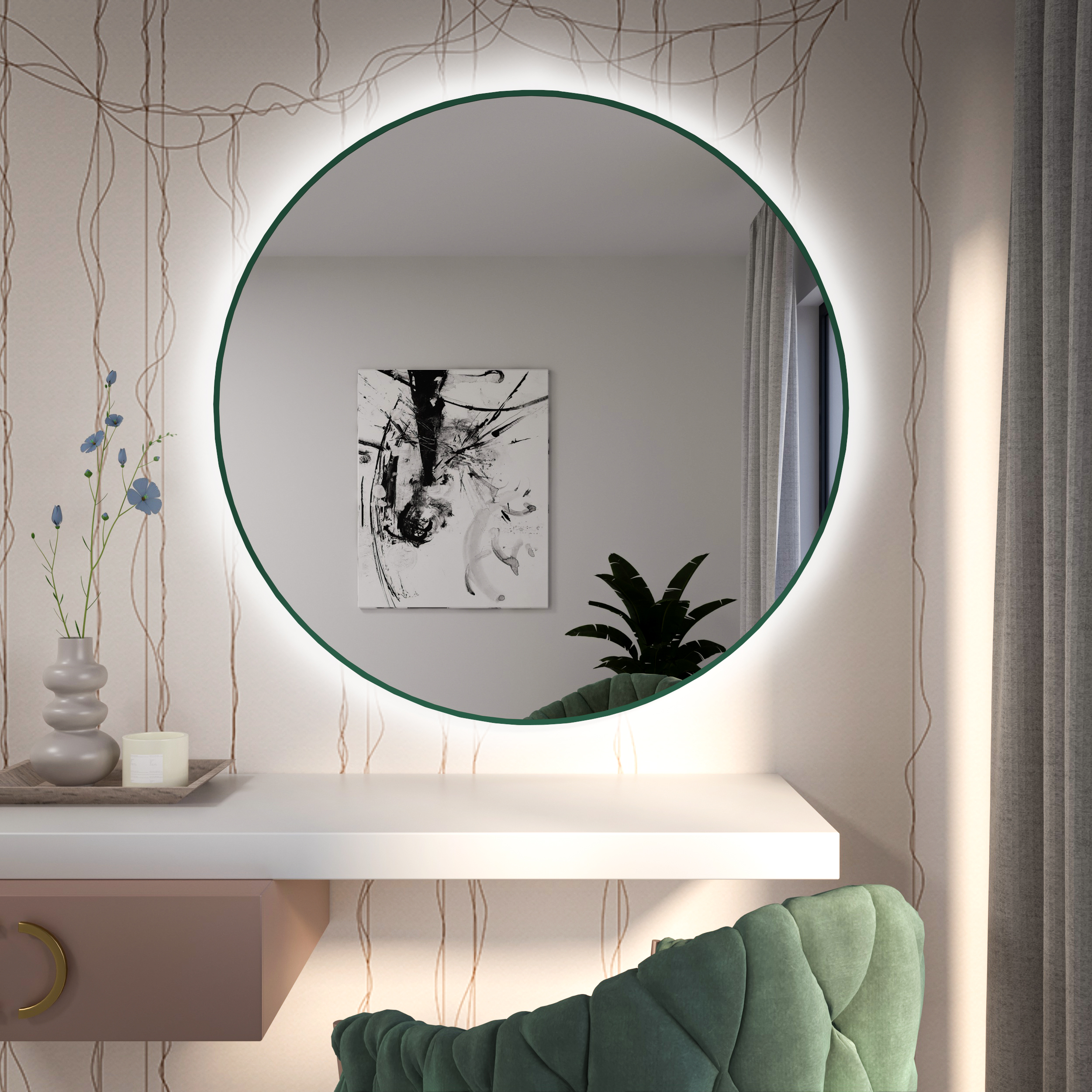 Baltica Design Tiny Border Round LED lustro okrągłe 80x80 cm butelkowa zieleń barwa zimna