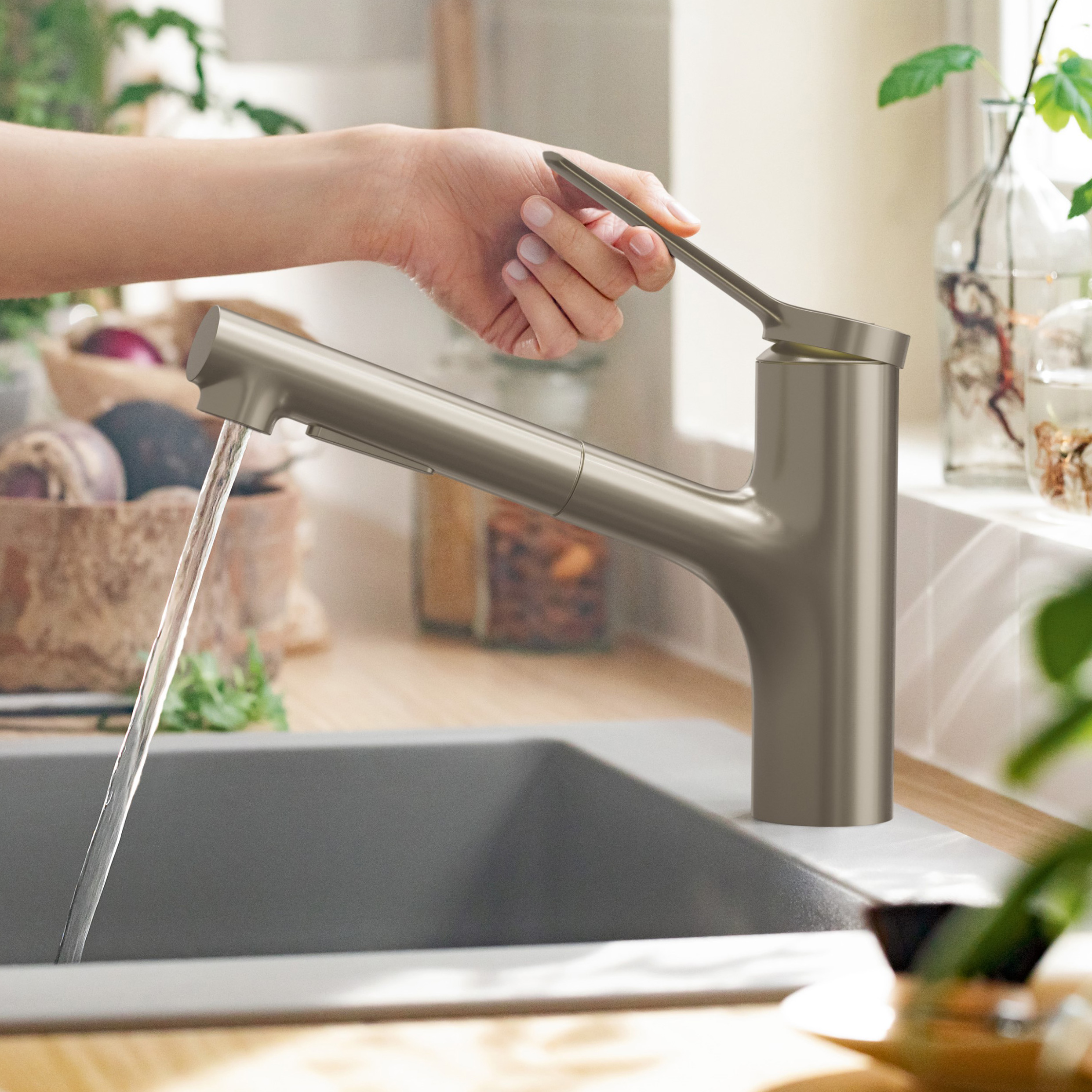 Hansgrohe Zesis M33 bateria kuchenna z wyciąganą wylewką stojąca stal szlachetna optyczna 74800800