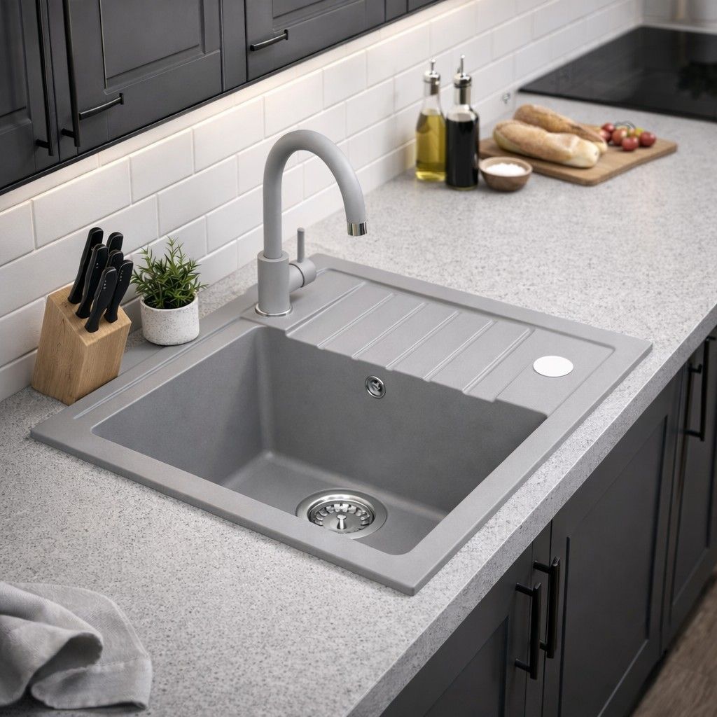 Ruvetti Tito Compact zlewozmywak 62x44 cm z baterią i akcesoriami szary LP_3200-TC6244GR_W - Wysyłka w 24h