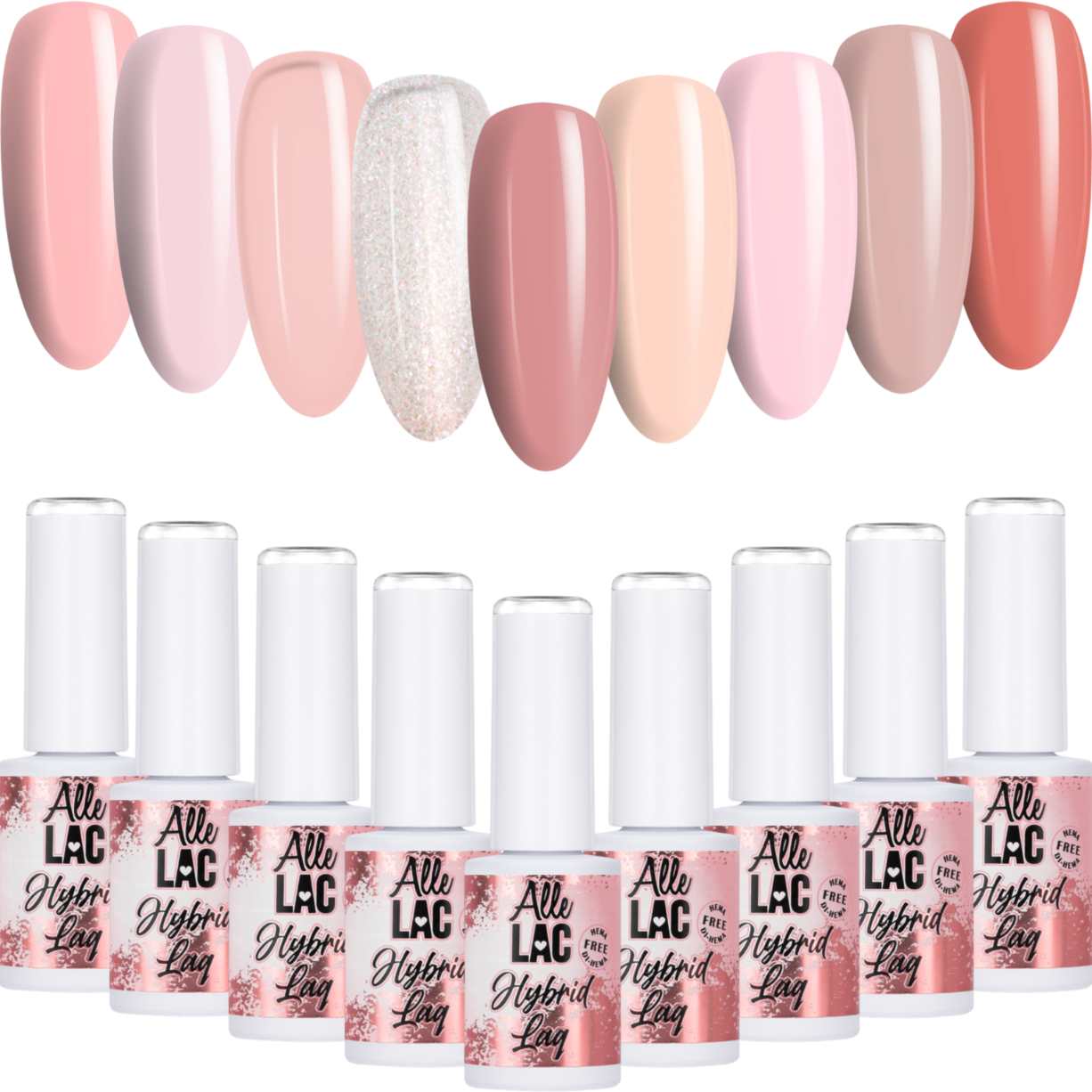 9x Lakier Hybrydowy ALLELAC 6g Nudes2 ZESTAW 9w1