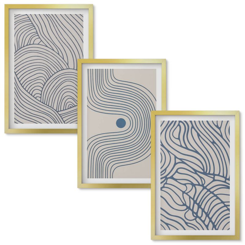 Set Obrazów w Ramie Wallfluent Abstrakcyjne linie fale kształty Złota rama 40x60 cm 3 szt.