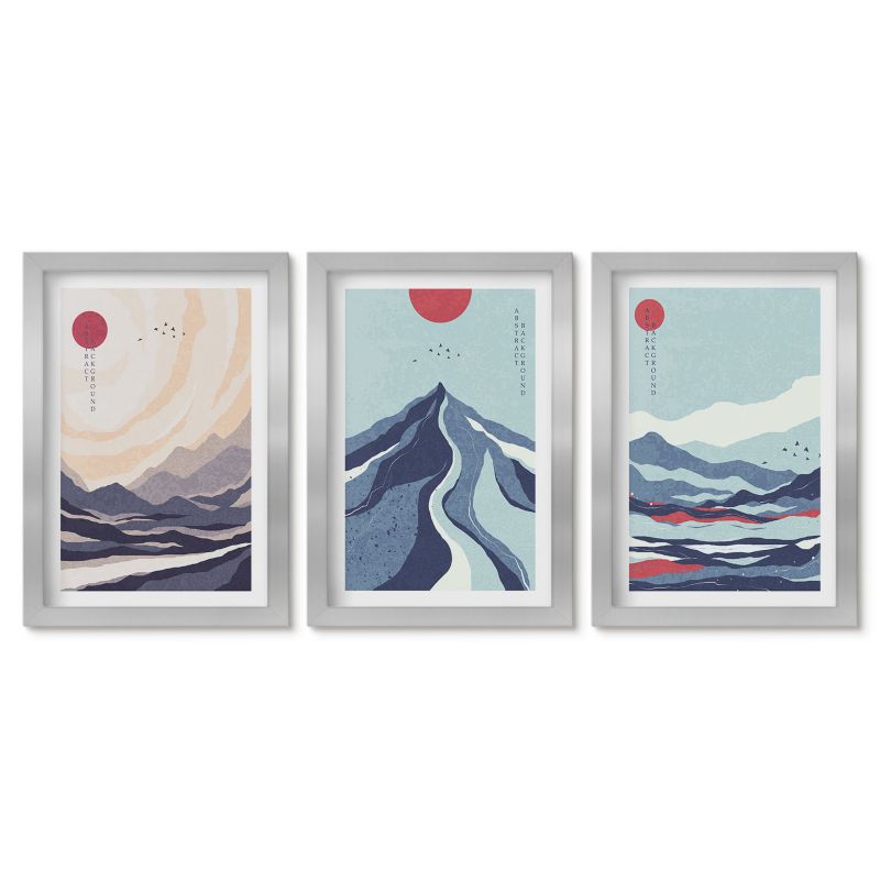 Zestaw 3 obrazów pionowych Tulup 20x30 cm Abstrakcyjne góry japońskie Obrazy w srebrnej ramie 1 kpl