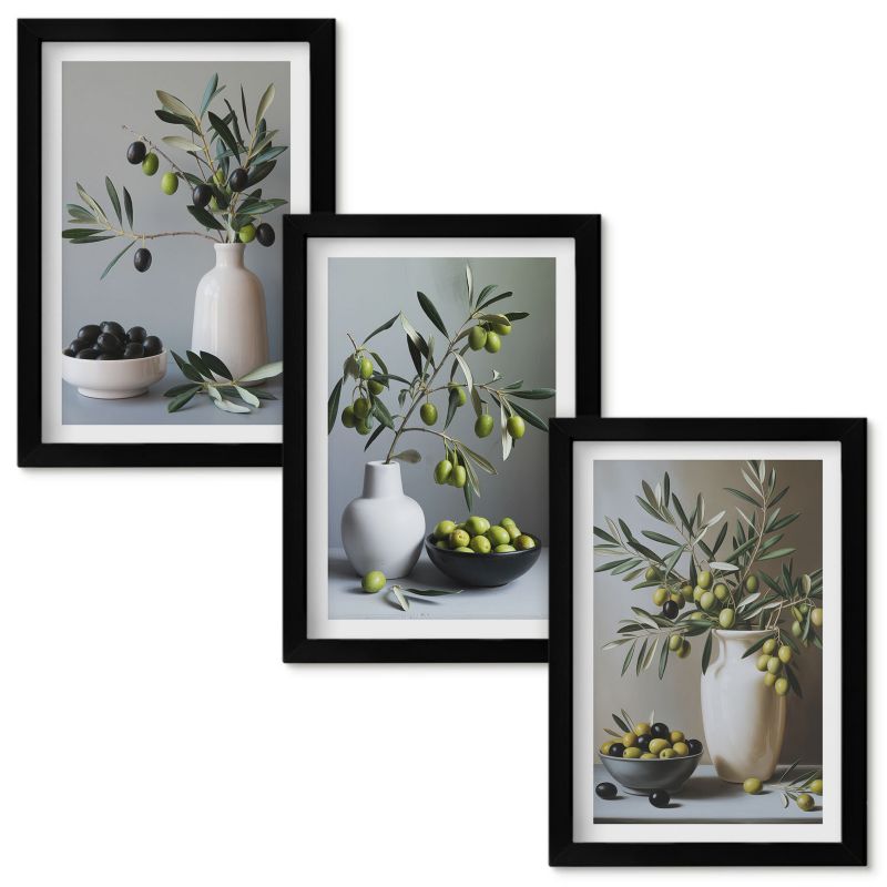 Set Obrazów w Ramie Wallfluent Oliwki w wazonach stonowane Czarna rama 20x30cm 3 szt.