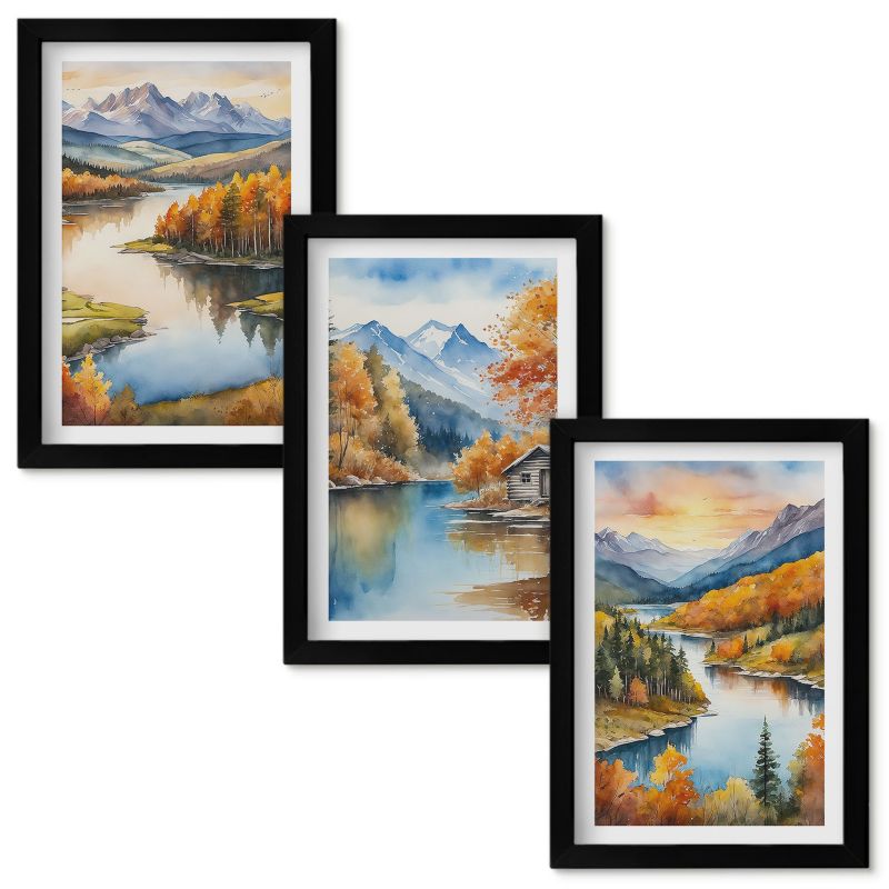 Zestaw obrazów Wallfluent Jesienne górskie krajobrazy Czarna rama 20x30cm 3 szt.